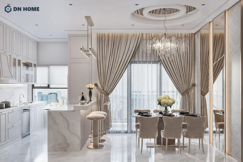 Chất liệu cao cấp cùng đèn chùm là điểm nhấn đặc trưng trong không gian chung cư 90m2 tân cổ điển