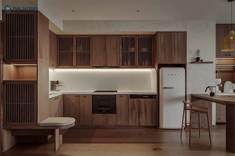 Chất liệu gỗ được sử dụng chủ đạo trong thiết kế chung cư 90m2 phong cách Japandi