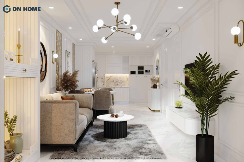 Chung cư mini phong cách tân cổ điển sử dụng đèn chùm làm điểm nhấn cho không gian phòng khách