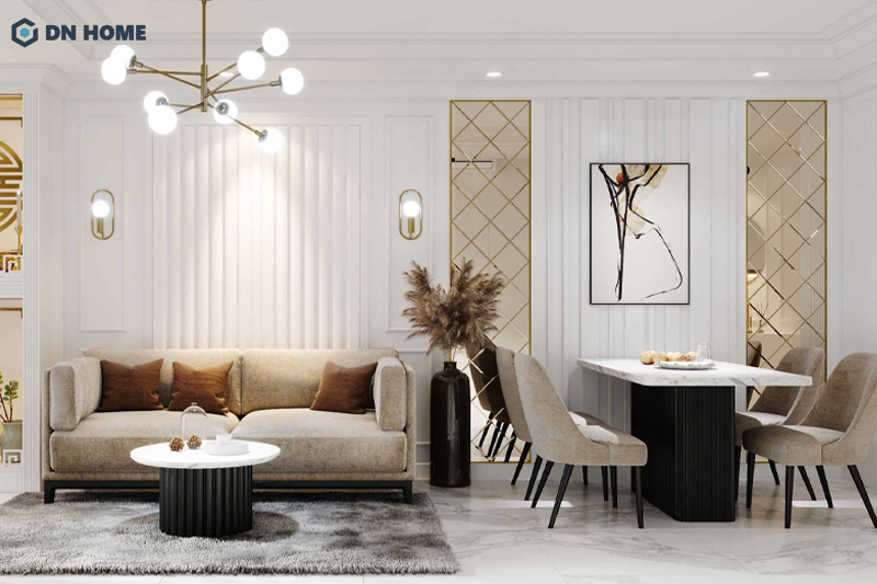 Chất liệu kim loại mạ vàng là đặc trưng không thể thiếu trong thiết kế chung cư mini phong cách tân cổ điển