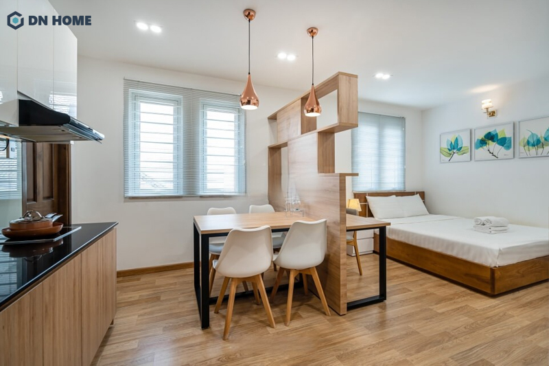 Thiết kế không gian mở đặc trưng của phong cách hiện đại tạo cảm giác thoáng đãng cho chung cư 25m2