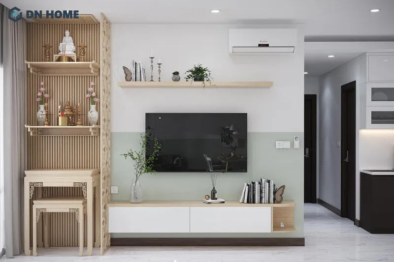 Thiết kế khu vực phòng thờ chung với phòng khách nên có vách ngăn và được đặt trên cao
