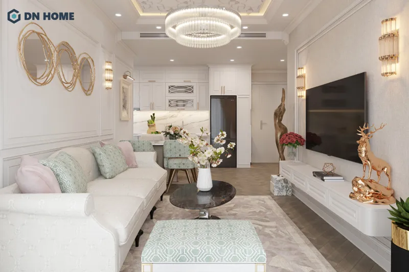 Chi tiết kim loại ánh vàng là không thể thiếu trong không gian nội thất phòng khách chung cư tân cổ điển