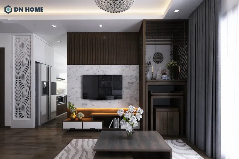 Nên sử dụng vách ngăn và gam màu trầm tối ở khu vực bàn thờ để thể hiện sự tôn trọng, nghiêm trang