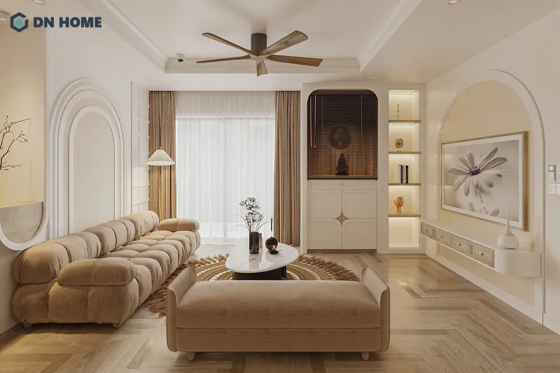 Vật liệu thiên nhiên được sử dụng chủ đạo trong thiết kế phòng khách chung cư phong wabi sabi 