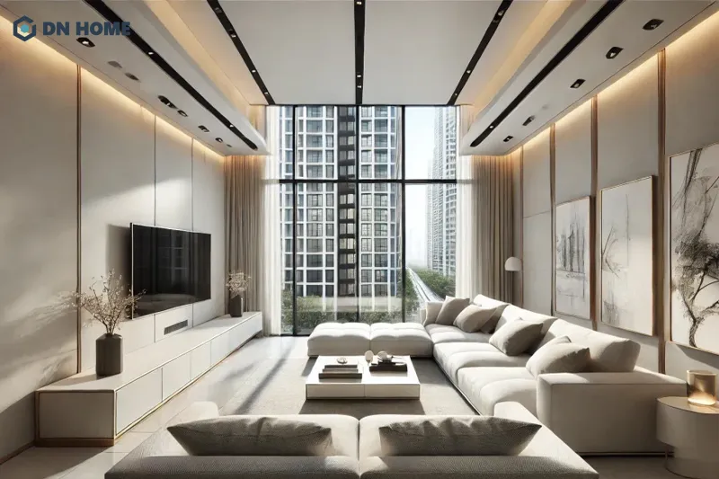 Phòng khách căn hộ 60m2 thiết kế với bộ sofa lớn thể hiện sự đẳng cấp và sang trọng