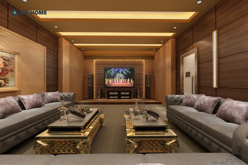 Thiết kế phòng karaoke gia đình theo phong cách sang trọng, sử dụng chi tiết mạ vàng làm điểm nhấn