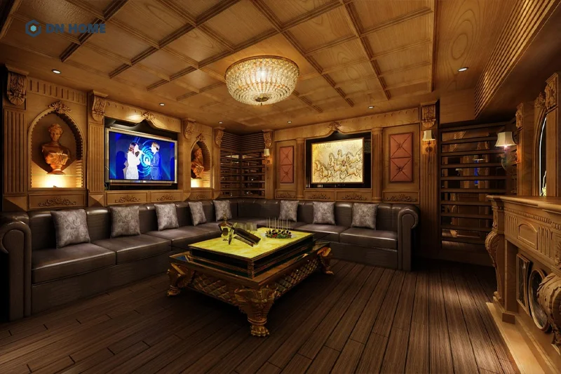 Mẫu phòng karaoke tại nhà thiết kế theo phong cách cổ điển, sử dụng chất liệu gỗ làm chủ đạo
