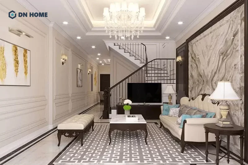 Chi tiết tay nắm cầu thang được điêu khắc cầu kỳ, tỉ mỉ là không thể thiếu khi thiết kế cầu thang phòng khách tân cổ điển