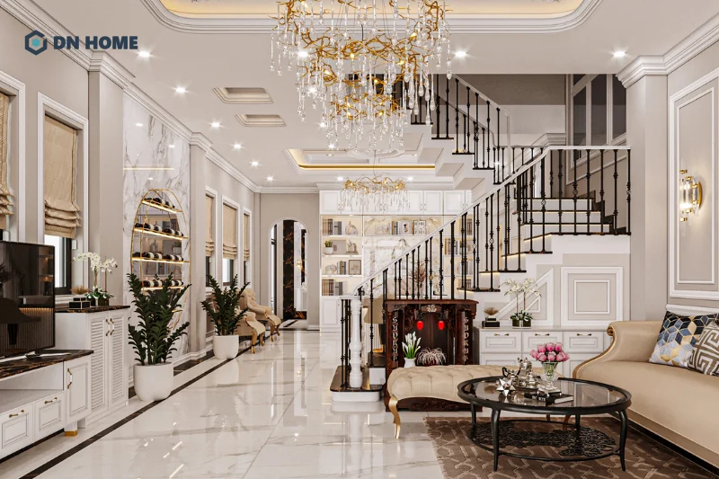 Cầu thang phòng khách phong cách tân cổ điển không thể thiếu các hoa văn ấn tượng