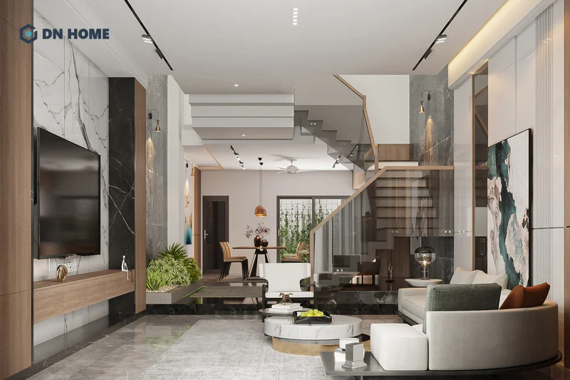 Phòng khách phong cách hiện đại phù hợp với kiểu cầu thang được thiết kế bằng kính