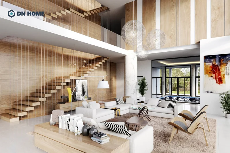 Một trong những mẫu cầu thang phòng khách phong cách hiện đại nhất hiện nay là cầu thang treo 