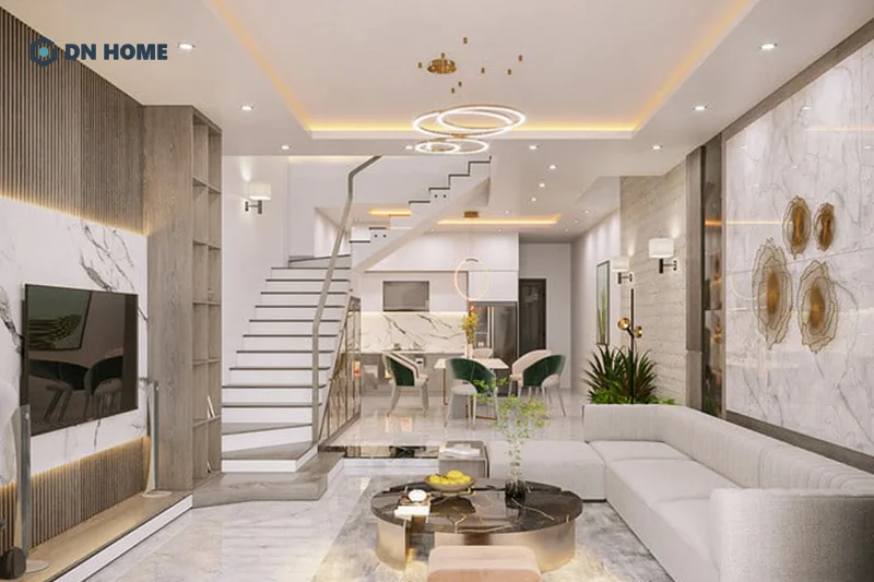 Chất liệu kính là yếu tố không thể thiếu khi thiết kế cầu thang phòng khách phong cách sang trọng