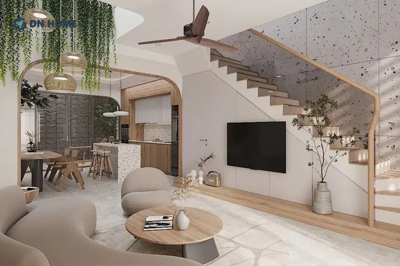 Kiểu dáng và chất liệu cầu thang cần đồng bộ và hài hòa với tổng thể phong cách thiết kế phòng khách