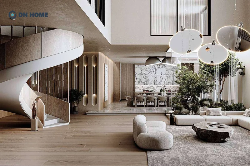 Cầu thang tròn tạo điểm nhấn độc đáo và ấn tượng cho toàn bộ không gian nội thất phòng khách