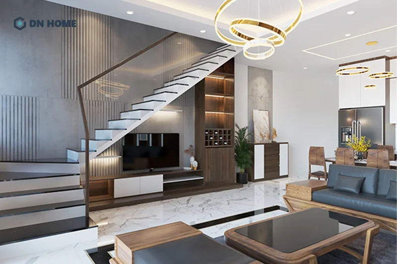 Cầu thang chữ L là lựa chọn phổ biến hiện nay để tạo sự chuyển hướng thuận tiện khi di chuyển