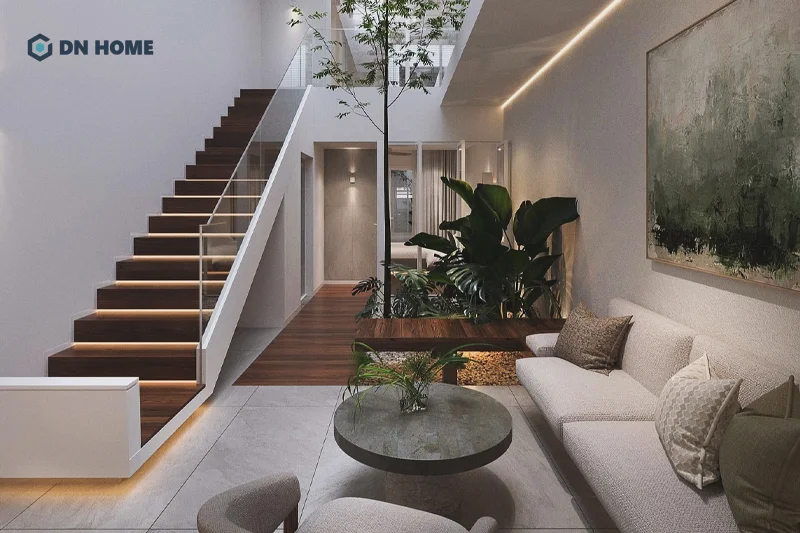 Cầu thang gỗ còn là điểm nhấn tạo nên sự đẳng cấp cho không gian nội thất phòng khách