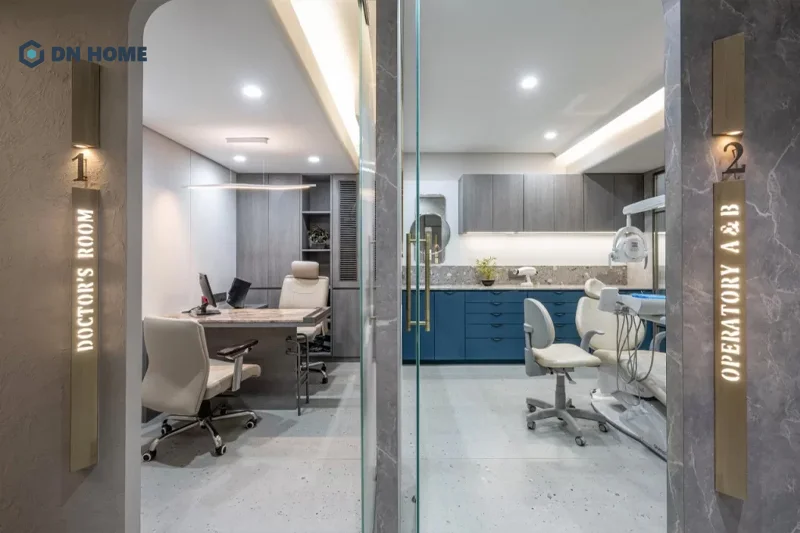 Chất liệu đá và kim loại mạ vàng tạo hình ảnh chuyên nghiệp, đẳng cấp cho không gian nha khoa