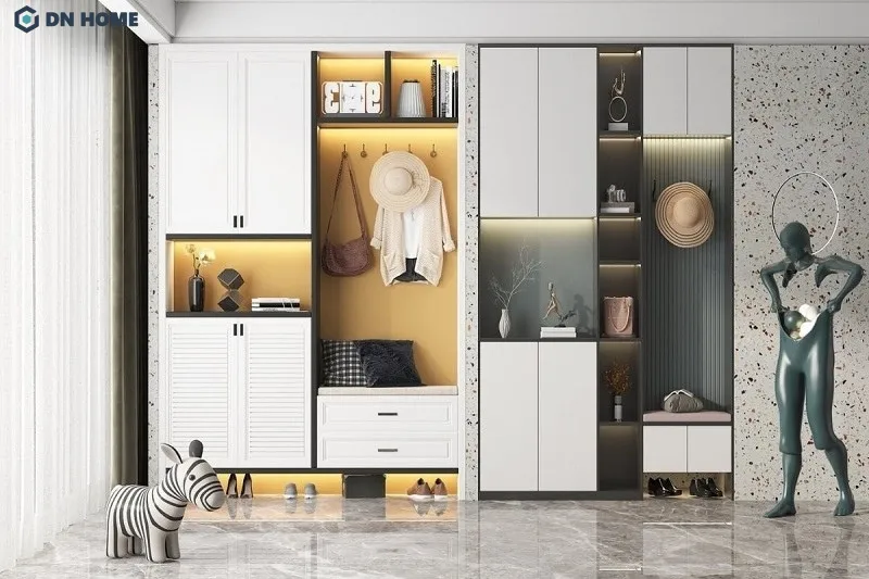 Tủ giày kết hợp mang đến không gian lưu trữ thông minh, nơi mọi thứ đều được sắp xếp gọn gàng chỉ trong một thiết kế