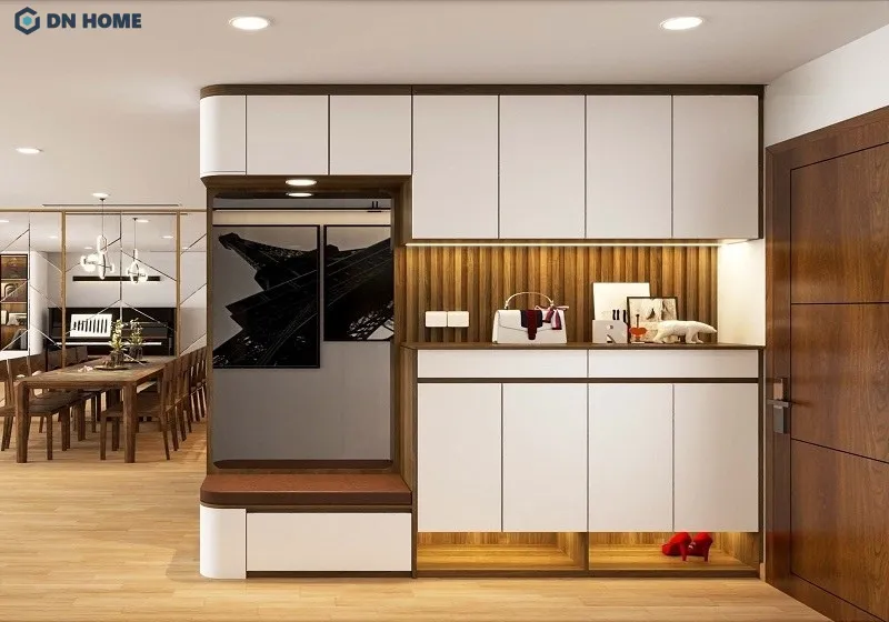 Thiết kế tủ giày nhà chung cư chất liệu nhựa kết hợp gỗ công nghiệp đem lại cảm giác sang trọng, quý phái