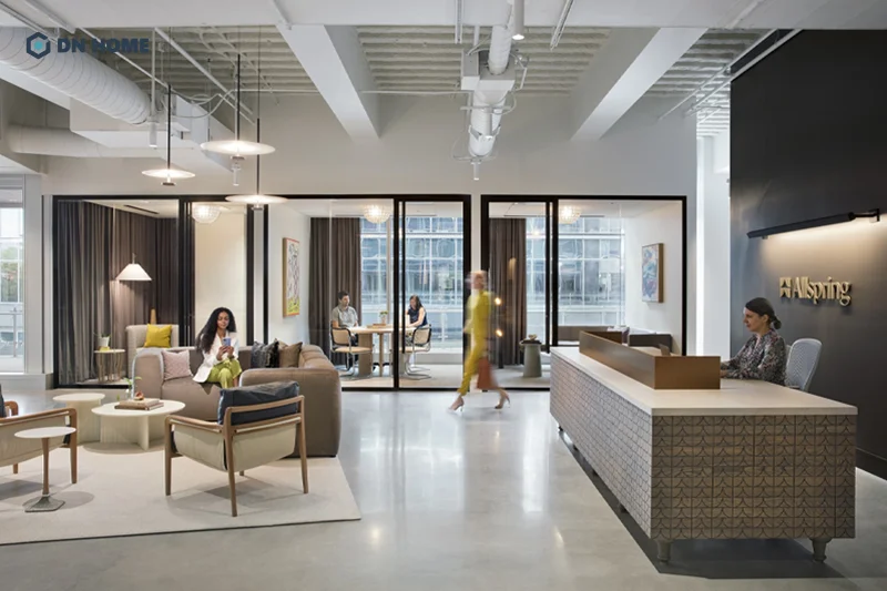 Văn phòng công ty tài chính được thiết kế theo phong cách hiện đại kết hợp công nghiệp