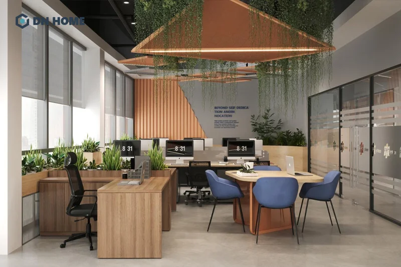 Chất liệu gỗ và các yếu tố thiên nhiên luôn được sử dụng xuyên suốt trong thiết kế văn phòng Hàn Quốc