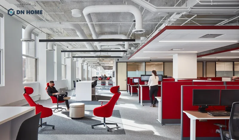 Văn phòng làm việc dành cho chủ doanh nghiệp mệnh Hoả có tone màu đỏ làm chủ đạo