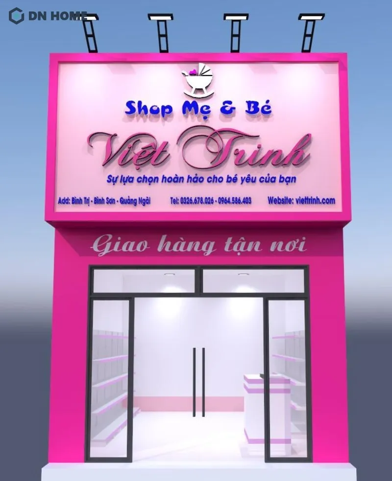 Biển hiệu shop mẹ và bé sử dụng màu hồng nổi bật