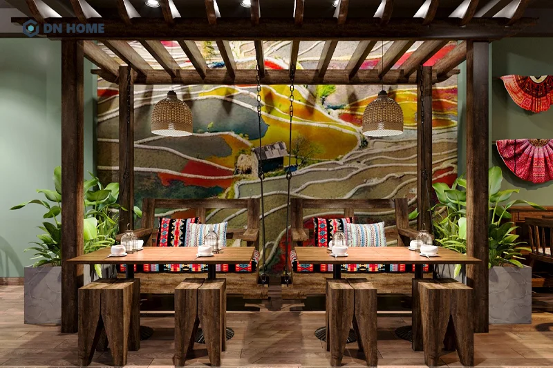 Bàn ghế quán trà sữa kiểu xích đu tạo nên điểm nhấn độc đáo gây ấn tượng, thu hút khách hàng