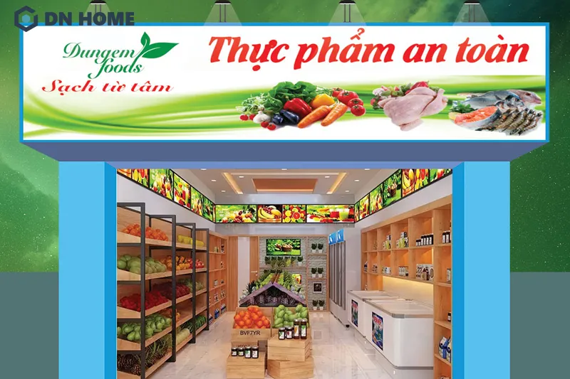 Mẫu bảng hiệu thực phẩm sạch sử dụng thêm hình ảnh tạo điểm nhấn ấn tượng