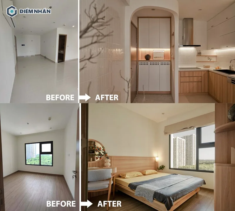Khu vực bếp và phòng ngủ sau khi sử dụng chất liệu gỗ để cải tạo trở nên ấm cúng hơn