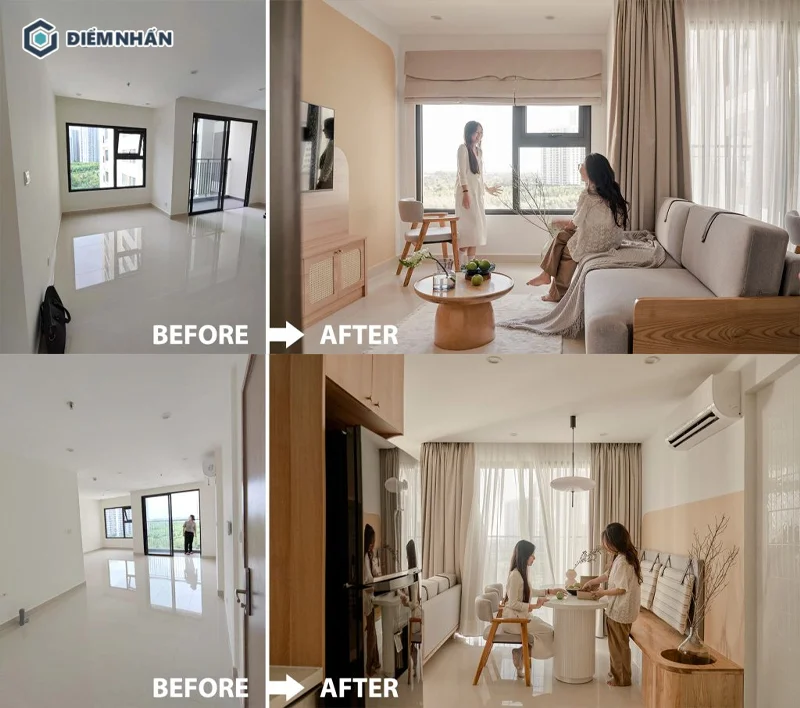 Không gian phòng khách được cải tạo lại theo phong cách Japandi nhẹ nhàng, thanh lich