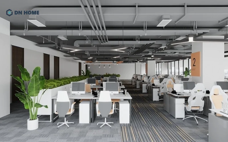 Thiết kế văn phòng sử dụng gam màu trung tính, kết hợp cây xanh đầy ấn tượng