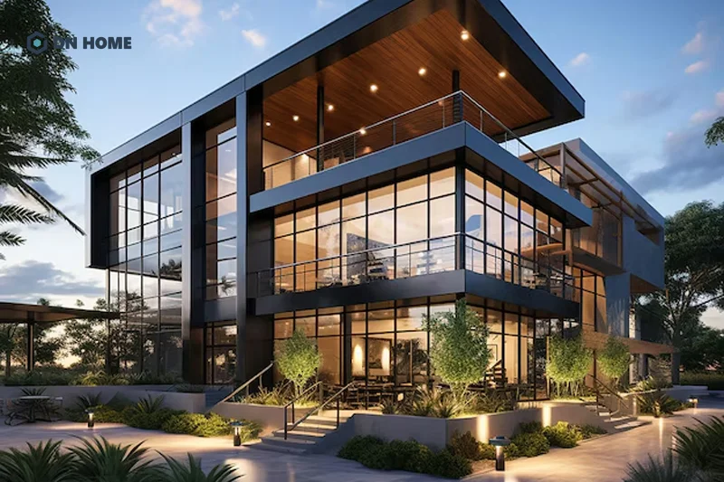 Nhà văn phòng 3 tầng ứng dụng hình học với các đường nét vuông vức tạo ấn tượng chuyên nghiệp