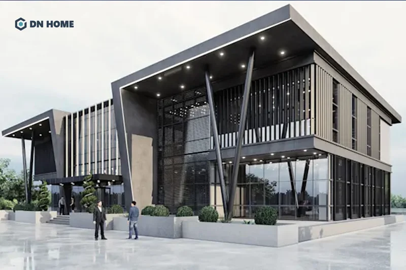 Việc phối hợp đa dạng các vật liệu khác nhau giúp tạo điểm nhấn ấn tượng cho văn phòng 3 tầng độc đáo