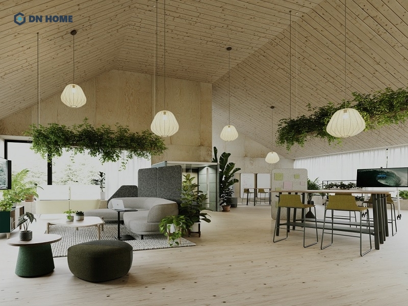 Thiết kế pantry văn phòng bố trí thêm cây xanh tạo ra không gian lý tưởng cho nhân viên