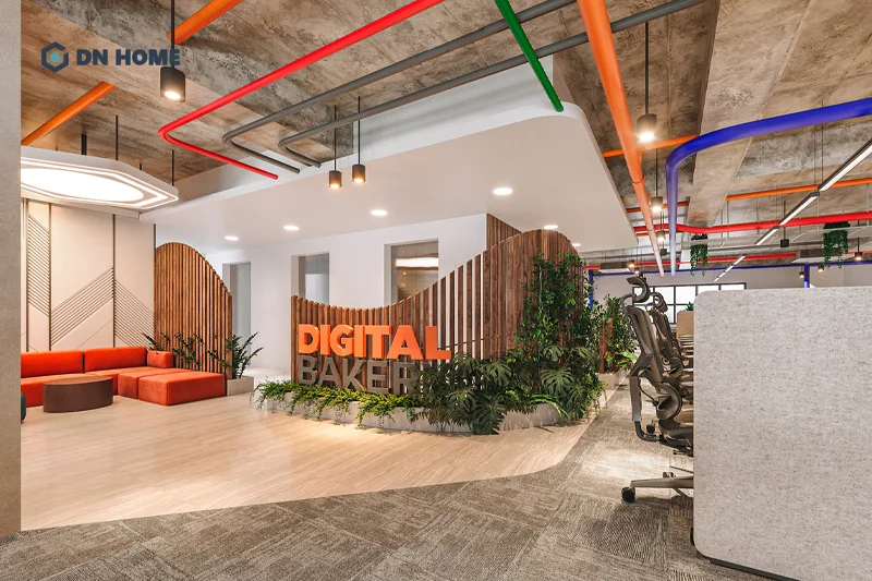 Khu vực sảnh văn phòng thi công theo phong cách công nghiệp, tạo ấn tượng ban đầu mạnh mẽ