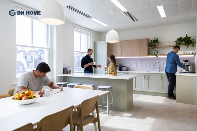 Khu vực pantry văn phòng phong cách Scandinavian sử dụng các gam màu pastel làm chủ đạo