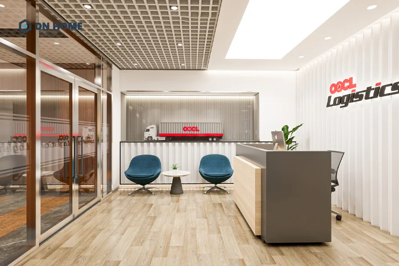 Khu vực lễ tân, tiếp khách trong văn phòng được thiết kế theo phong cách hiện đại tối giản