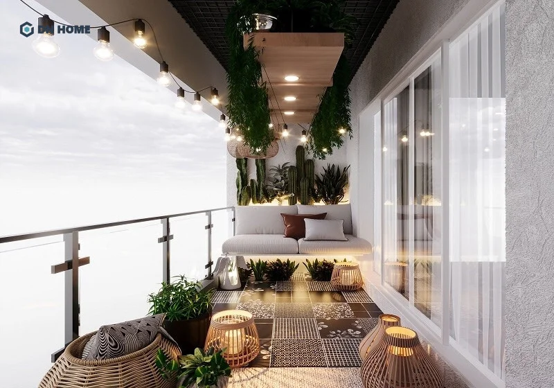 Kết hợp trang trí ban công chung cư bằng đèn LED và cây xanh làm cho không gian thêm phần nổi bật