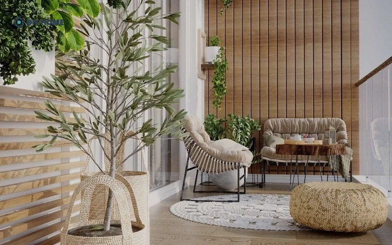 Thiết kế ban công chung cư theo phong cách vintage với gam màu be trầm ấm