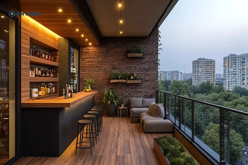 Không gian ban công có diện tích lớn có thể tích hợp quầy bar hiện đại