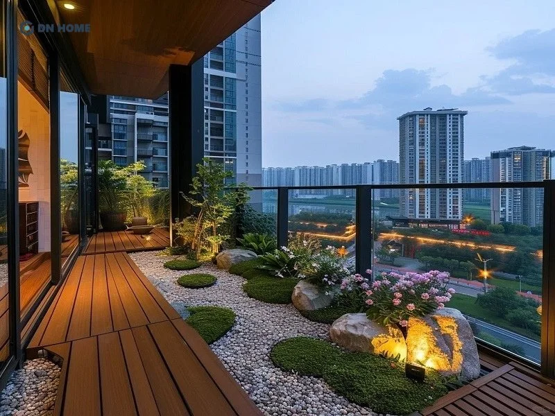 Thiết kế ban công chung cư kết hợp cây xanh, nền gỗ và các lớp sỏi đá tạo nên bức tranh thiên nhiên thu nhỏ
