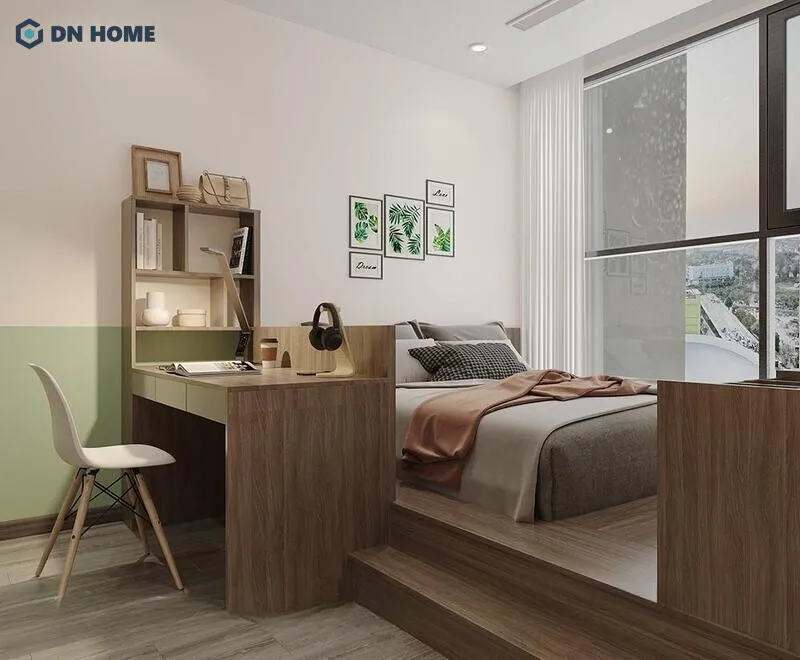 Sử dụng vách ngăn gỗ, kết hợp làm không gian học tập, làm việc