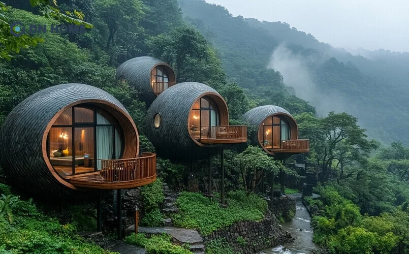 Thiết kế homestay theo phong cách độc đáo, như những tổ chim trên cao, tạo cảm giác thú vị, ấn tượng ban đầu cho du khách