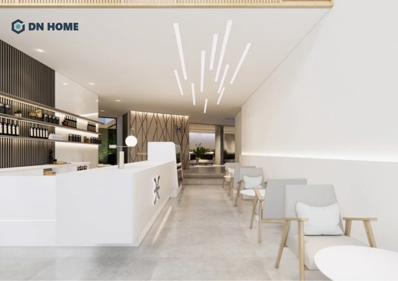 Sảnh được thiết kế sang trọng với tông màu sáng và nội thất hiện đại, tạo ấn tượng đầu tiên đầy tinh tế