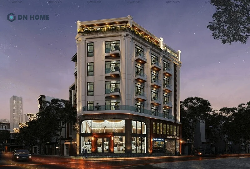 Mặt tiền gây ấn tượng với ánh sáng vàng lãng mạn và tông màu trung tính