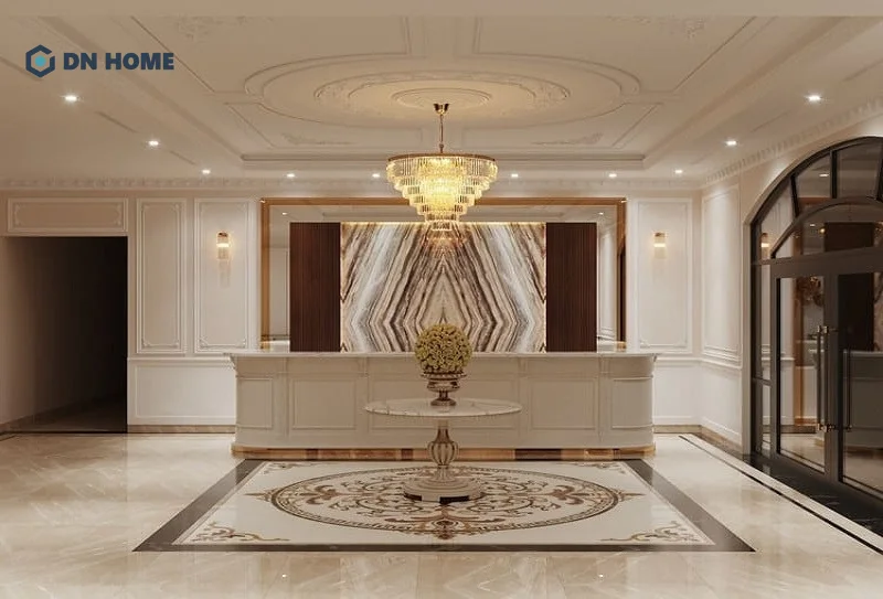 Phần tiền sảnh thiết kế không gian tinh gọn, phối màu hài hòa tạo cảm giác chuyên nghiệp và thân thiện