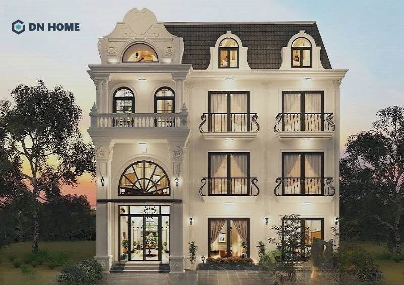 Thiết kế mặt tiền sang trọng, sử dụng tông màu trung tính kết hợp ánh đèn vàng ấm