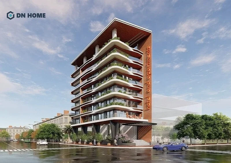 Mẫu thiết kế khách sạn mini với đường nét tinh tế, tông màu sáng nổi bật giữa phố